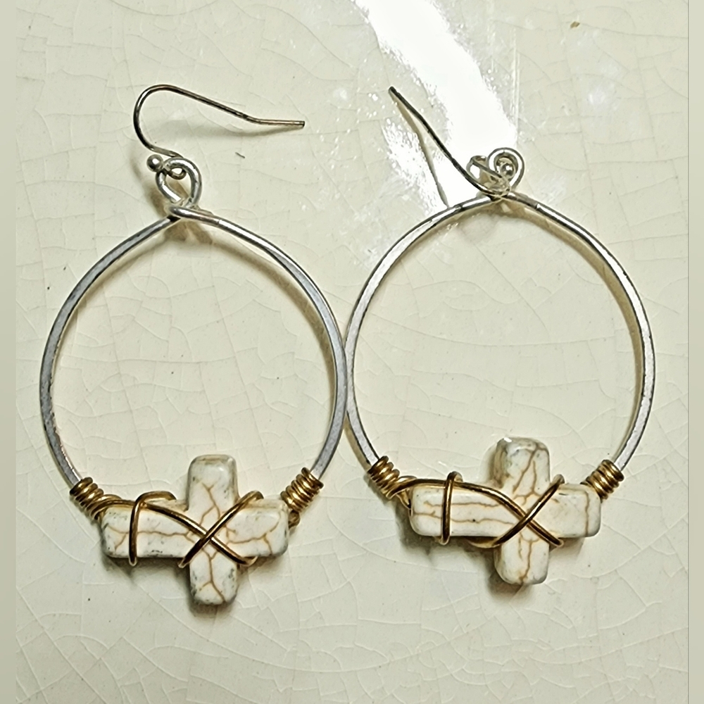 Stone cross silver hoop dangle earrings